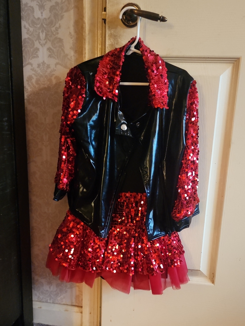 Red Sequin Dance Dress with Black Vinyl Jacket